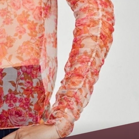 Zara Sheer Mesh Red Orange Pink Floral Long Sleeve Top Medium - Picture 3 of 9